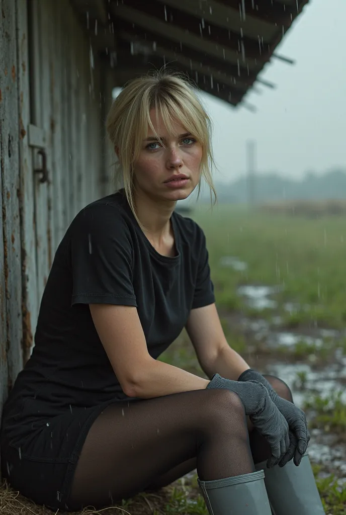  Ultrarealistic image . A pretty slim blonde 25-year-old German woman. She has a narrow face with high cheekbones. she has short hair. She is wearing a simple black short dress with short sleeves. She is wearing gray rubber gloves. She is wearing shiny bla...