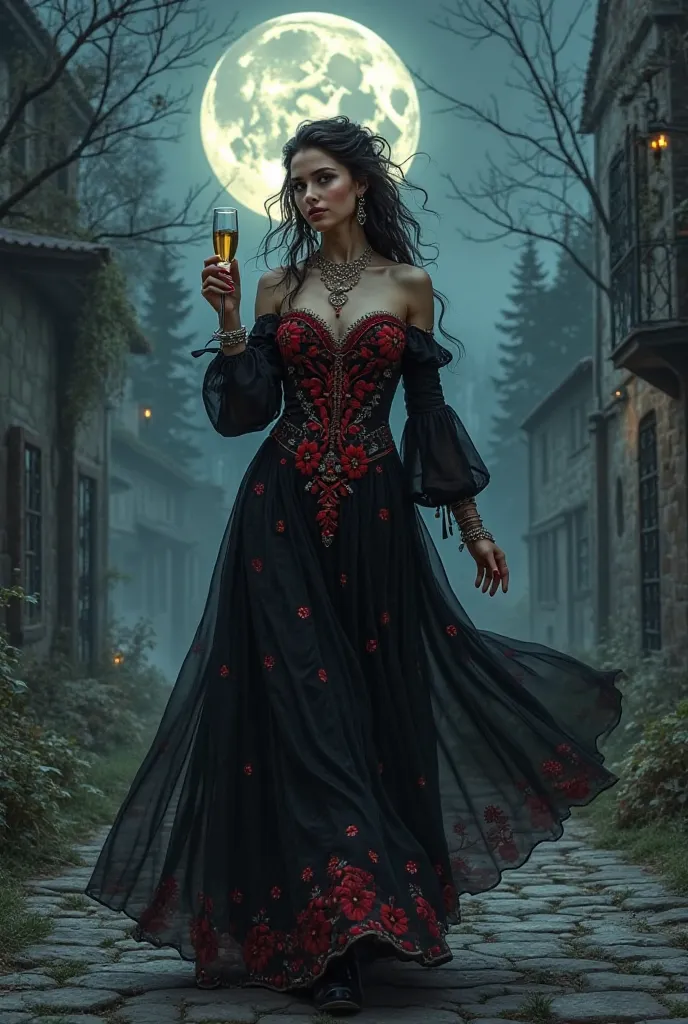 A beautiful gypsy woman dressed in black and red with a bottle of champagne and a glass in her hand walking the night of the full moon through a crossroads