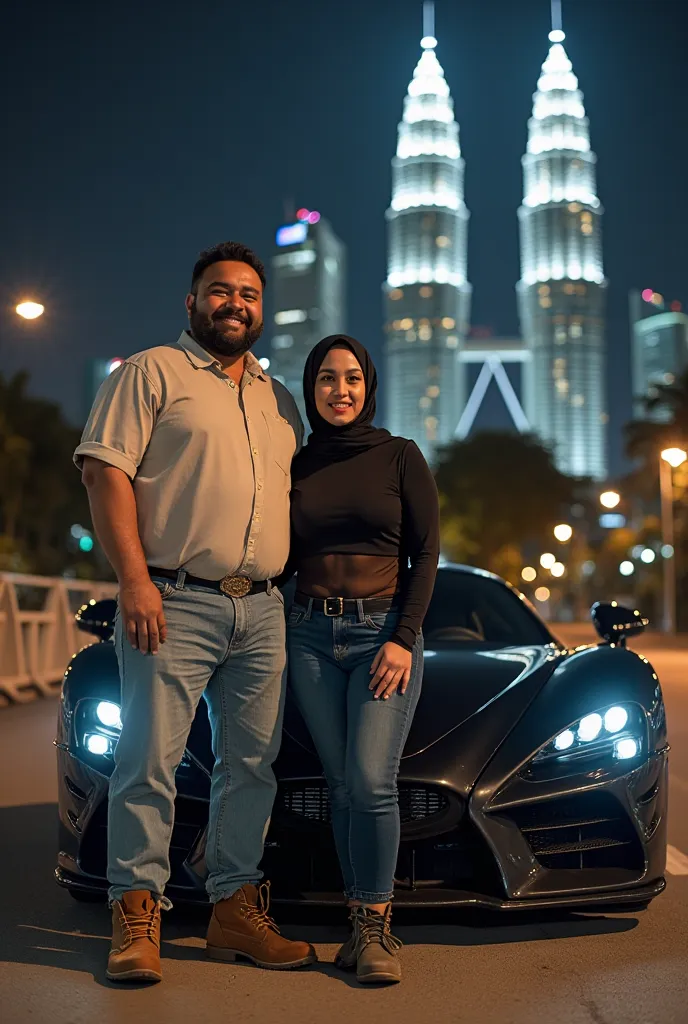 A man smile standing near Pagani Huayra. Wear shirt and old jeans. Timberland boots. Overage body. At side road, landmarks Kuala Lumpur twin towers at night. A gorgeous girl beside him wearing black transparent shirt and tight jeans. Big breast and large b...