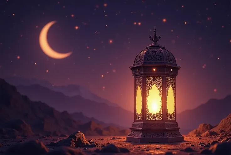 Ramadan arabic , lantern at the right of the picture and a crescent moon at the left of it, a little bit more dark purple theme and high quality and details , purple theme , big lantern at the right of the picture, one lantern and one moon