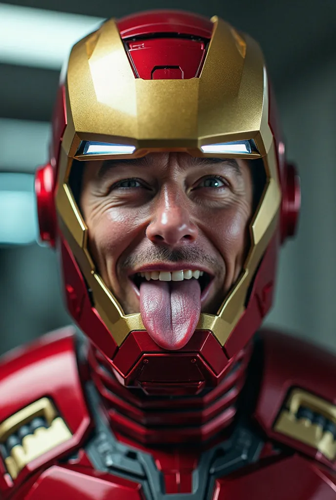 "A hyper-realistic portrait of Elon Musk wearing an Iron Man helmet that is partially opened, revealing his face. He is playfully sticking out his tongue, exuding a fun and lighthearted vibe. The setting is futuristic, with a soft glow illuminating his fea...