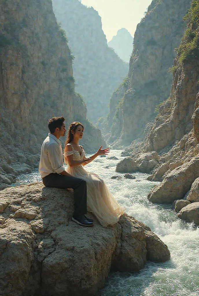 Remake previous image by replacing the trunk with a rock, In the background a rocky river, The seated man and the beautiful woman seated also singing and gesturing their hands 