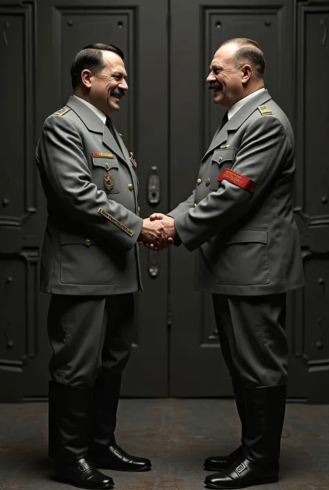 Pact w the devil: HITLER AND STALIN SHAKE HANDS, BOTH SMILING, BUT BEHIND THEM, HITLER HAS A KNIFE LABELED 'OPERATION BARBAROSSA, AND STALIN HAS A GUN LABELED 'SOVIET EXPANSION.'