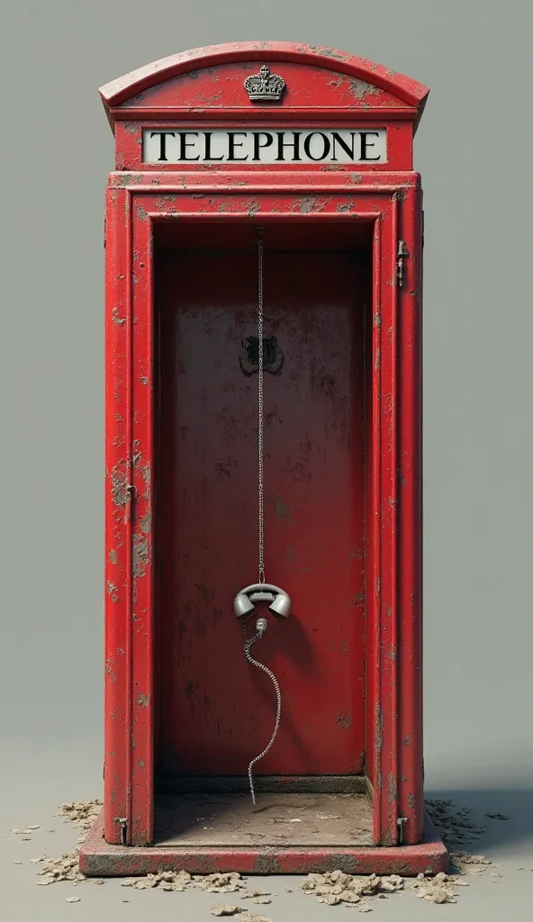 Red British telephone booth with a bare telephone inside hanging from its cable.