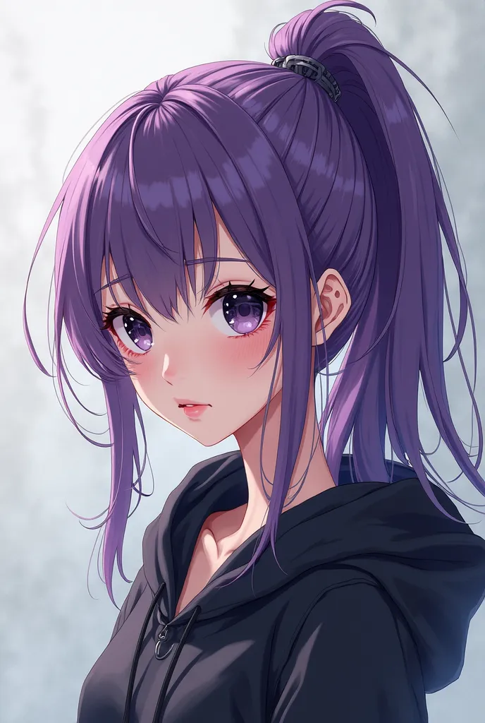 Purple-haired, black-eyed, long-haired woman with a ponytail in a hoodie Anime