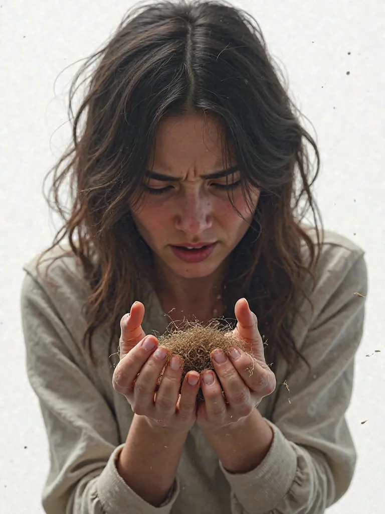 A woman holding several hairs in her hands looking desperate, full image with white background