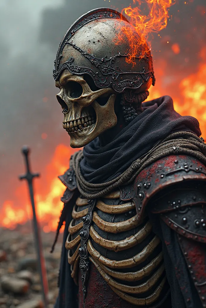 ” Create an ultra-realistic image of a skeleton warrior，with dark and epic details。The skeleton should have cracks and battle marks，look old and worn，But still majestic。It wears a medieval war helmet，Rusty and damaged，with dark metallic details and intrica...