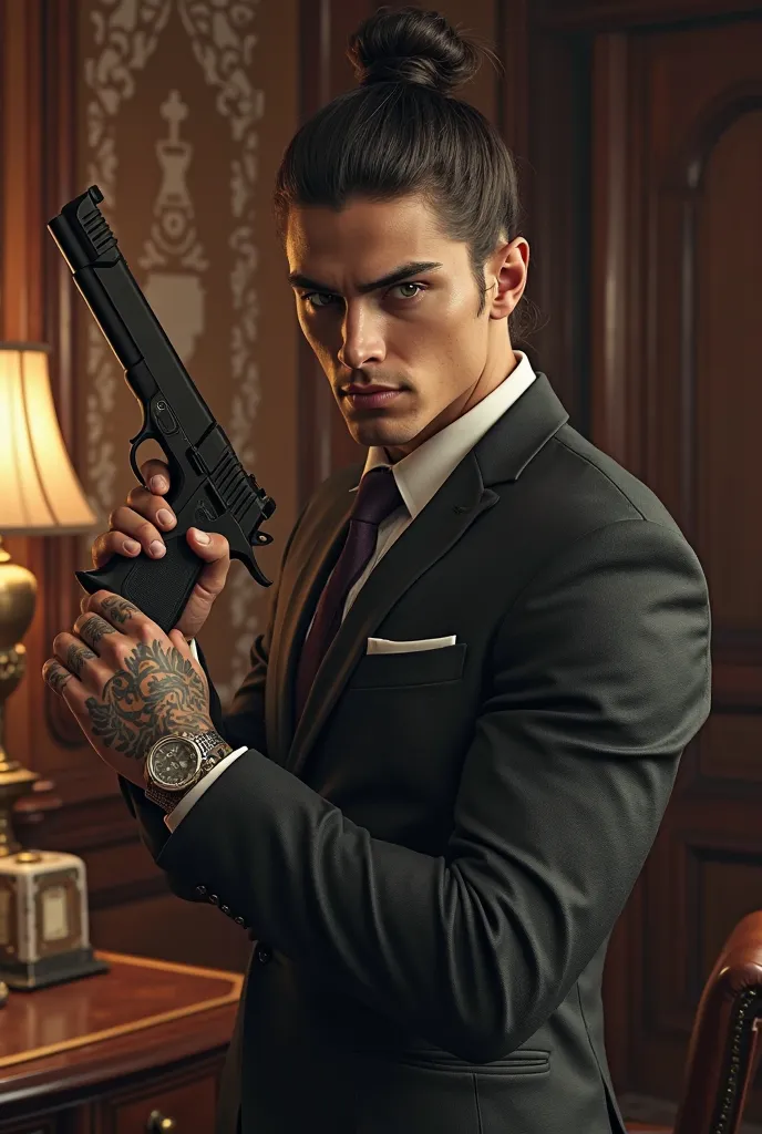 A handsome mafia boss with dark hair pulled up to a hot man bun, he's 20 years old, tattooed knuckles , he's holding a gun, office study