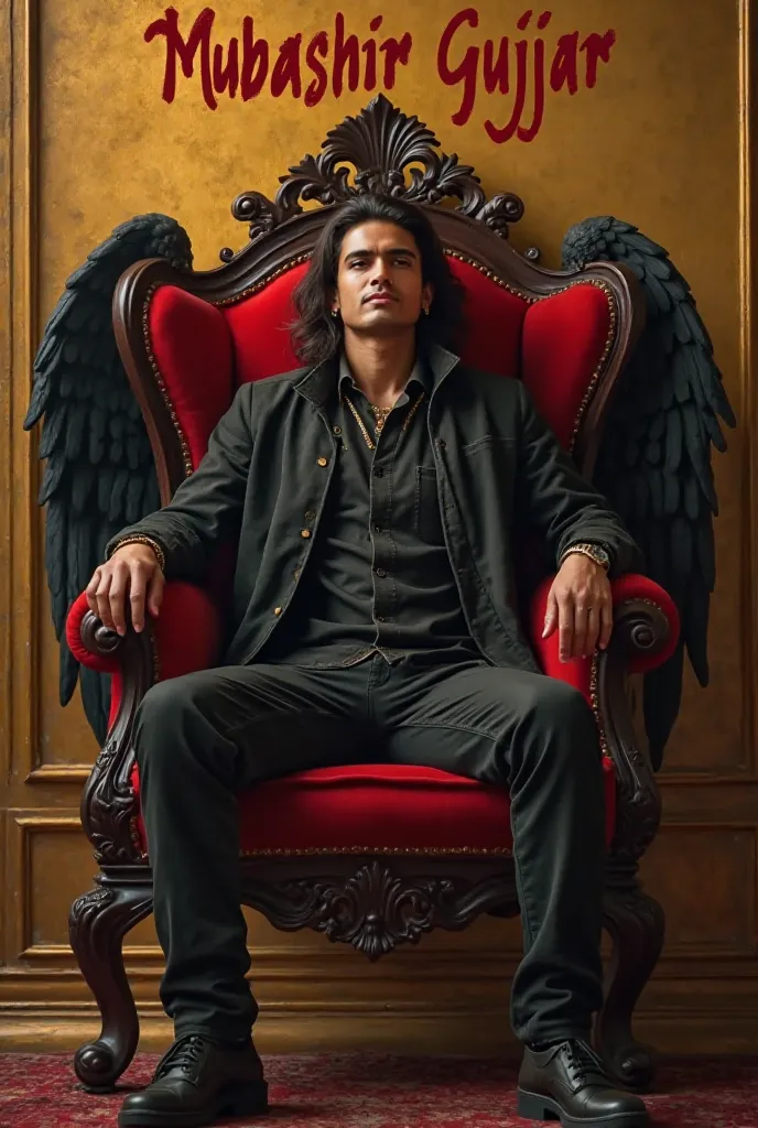 Create rilestic  image  a 18 year old bad  boy a long hair is sitting on a Attitude red king chair with black pint shart wings and behim him the colour of the wall is golden on which ” MUBASHIR GUJJAR” Written in  curve style Red colour 