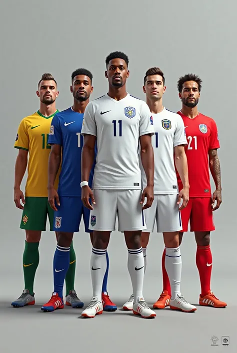 Image 4000x4000 pixels containing 5 real 3D players from Brazil, from Argentina, from France,  From England , from Portugal and Spain. Also enter the name of the competition called World Nations League. Players' uniforms cannot contain numbers and must be ...