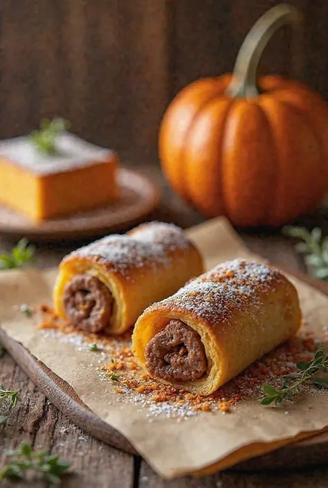 Create a menu with meat rolls, Sweet pumpkin dessert 