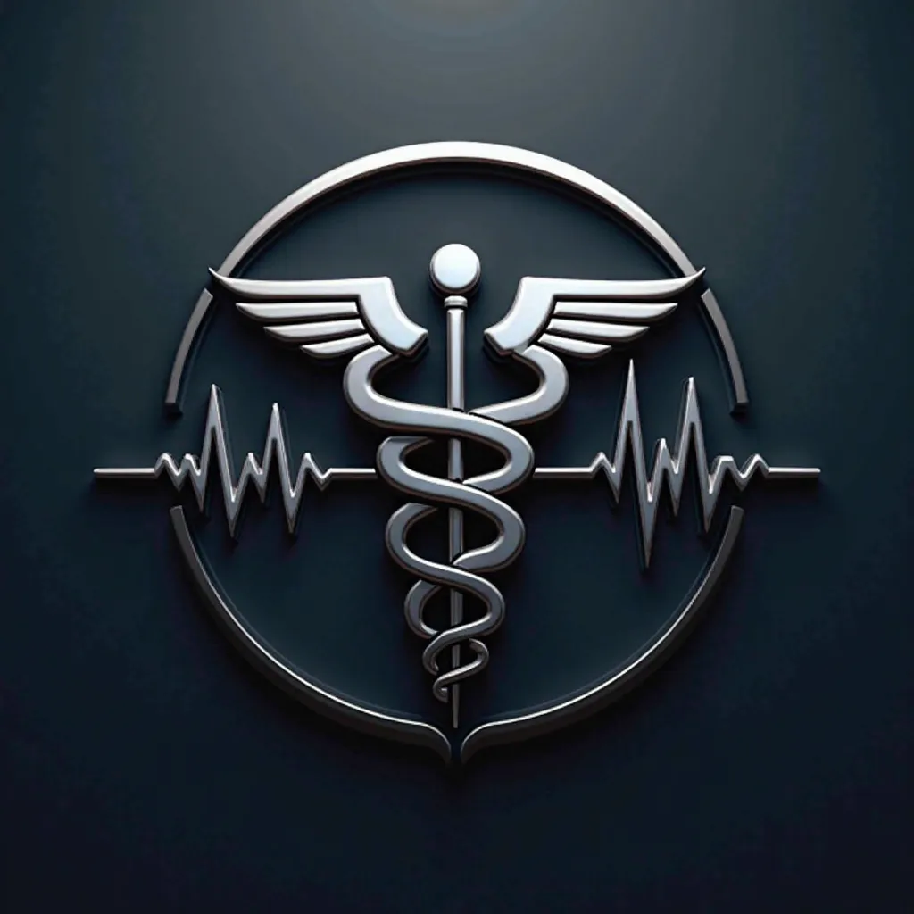 "Create a modern, professional 3D metallic logo for a medical company. The design should feature a sleek caduceus symbol with wings, a staff, and a coiled serpent at the center. Flanking the symbol, incorporate a heartbeat line (ECG waveform) for a medical...