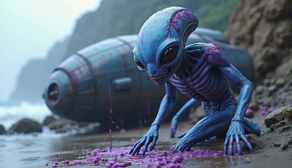 a small crashed alien ship for one pilot lies on the shore, the shore is rocky, a wounded blue alien crawls out of the ship, you can see various cuts on the alien from which purple blood flows out