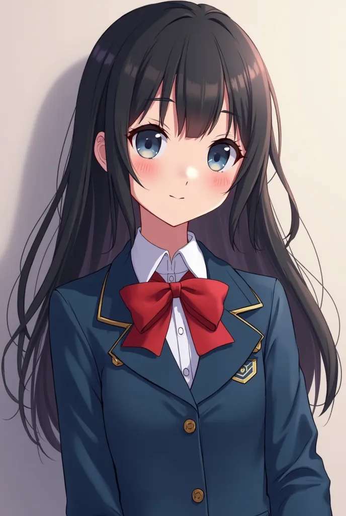 anime girl with long black hair wearing a blue jacket and red bow, a digital painting inspired by Sim Sa-jeong, tumblr, digital art, realistic schoolgirl, hyperrealistic schoolgirl, semi realistic anime, kawaii realistic portrait, realistic young anime gir...