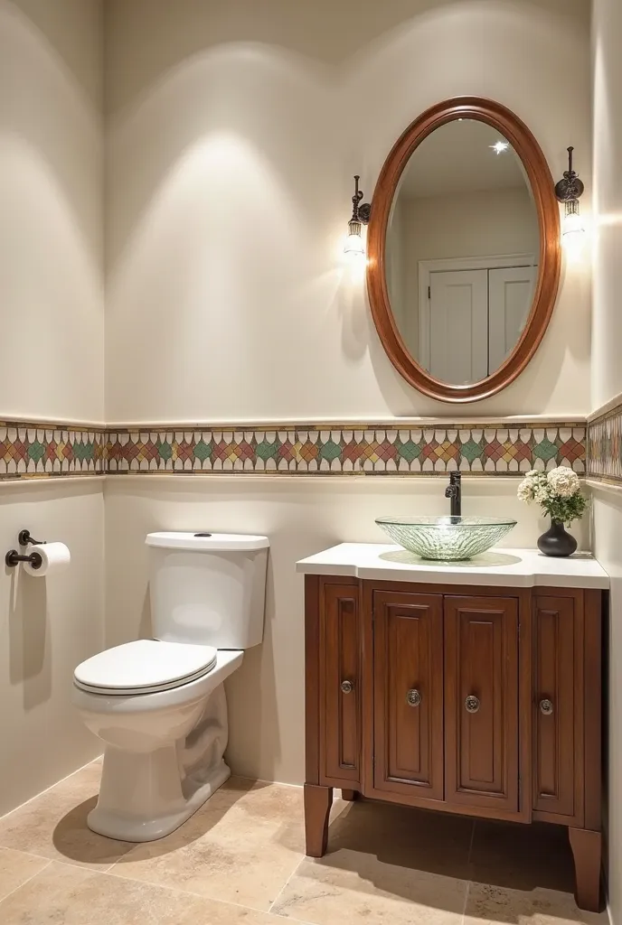 make me a modernized art nouveau rectangular guest toilet showing the toilet in the front with beige stone flooring tiles, off white wall with strips of ceramic colors, make at right of the toilet a modern wood vanity with white top and a stained glass sin...