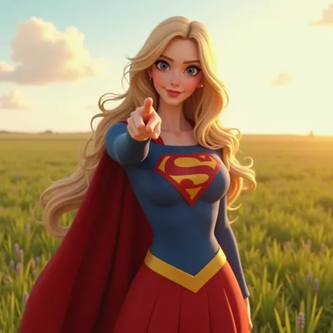 A Marvel-style 3D animated medium shot of an adult, stunning Supergirl standing in an open field, looking directly at the camera with a soft, flirtatious gaze. Her eyes are slightly narrowed, her lips subtly parted in a playful, seductive smile, and her he...