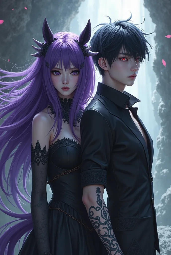 Purple-haired woman, black eyes, long hair, with a horse face, with a black-haired man with devil horns, red eyes on the left side and white right eyes with a straight cut, left arm Anime