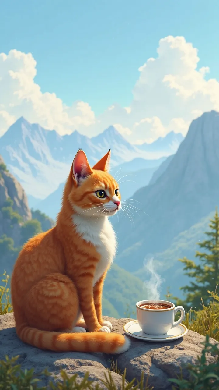 The oyen cat is camping on the mountain, is looking at the white cloud expanse from the top of the mountain, sit down, while drinking a cup of hot coffee