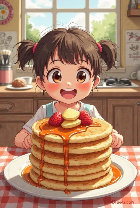 Create a comic about a girl eating pancakes