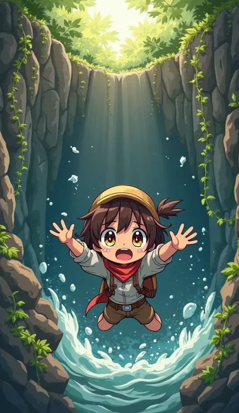 A cute anime girl in an adventurer outfit has fallen into a giant pit, hands gripping the edge, struggling to climb up. Her expression is full of panic, big round teary eyes, mouth shouting 'Étôét!' in bold glowing letters. The walls of the pit are rocky w...