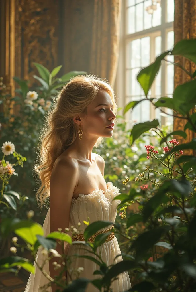 Blonde woman looking at the plants in a palace 