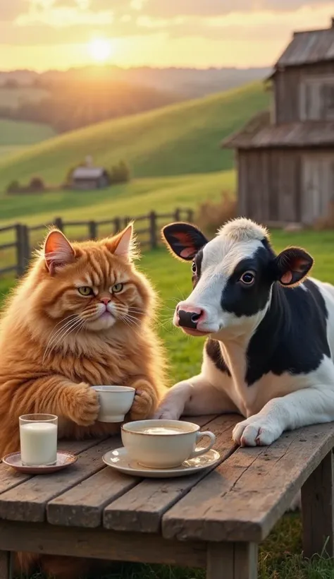 "A cozy, heartwarming scene of a large fluffy orange cat and a black-and-white cow sitting together at a rustic wooden farm table, each holding a small teacup in their paws/hooves. A glass of milk is placed on the table. The cat has a serious yet content e...