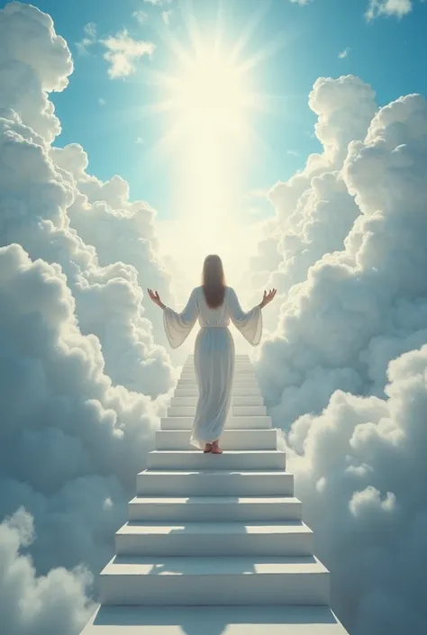 The image shows a woman climbing a long white staircase surrounded by clouds, towards a figure dressed in white, who seems to have open arms waiting for her. The sky above is illuminated,  conveying a heavenly and divine feeling . The scene suggests a spir...