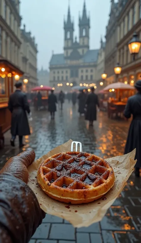 A hyper-realistic first-person perspective of a 19th-century traveler in Grand Place, Brussels, holding a warm Belgian waffle drizzled with rich, melted chocolate. The traveler’s gloved hand holds the waffle on a parchment paper wrapper, while the other ha...