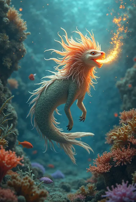 A fantastic animal that lives in the ocean and has a mane and that breathes fire and eats leaves and is small and intelligent 