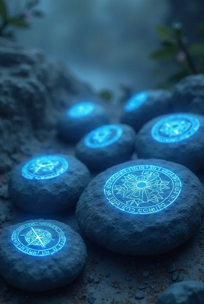 Make the image of several stones with bright blue symbols 