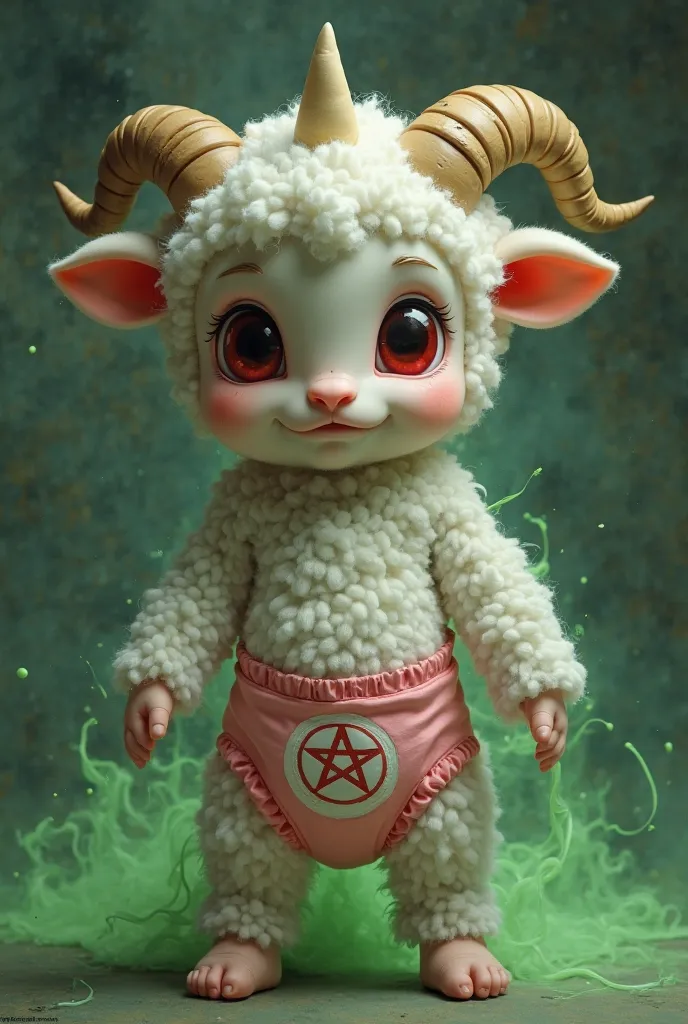 (lamb \(lamb cult)), shortstack baby body, normal  body, wearing simple baby diaper, wearing pink diaper, cute face, diaper emanating green stench, looking at the viewer, red eyes, ears, horizontal pupils, pentagram, horn, white sclera,
