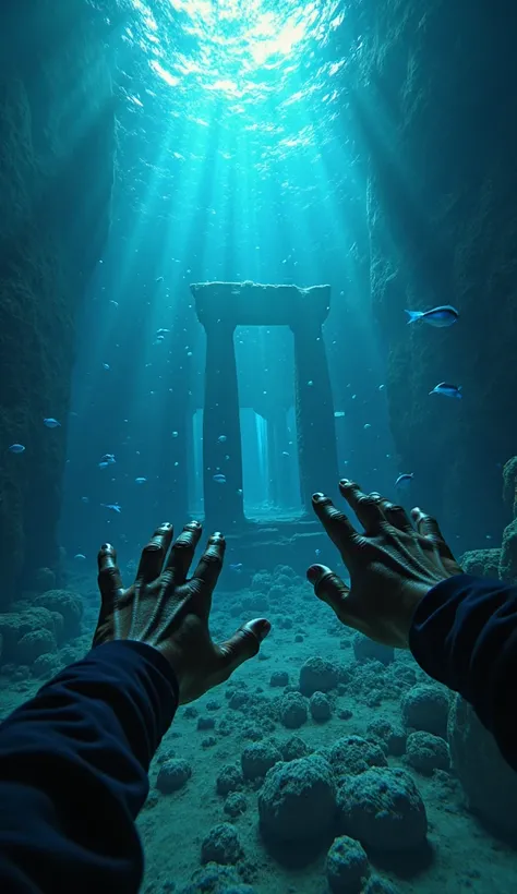 "An ultra-realistic image in point of view (POV) style, capturing the first-person perspective of someone diving into the depths of the ocean, approaching the lost city of Atlantis. The character’s hands are visible, cutting through the water, surrounded b...