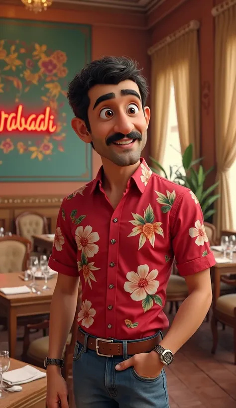 
kerala humorous men expressive realistic eyes and hair and nose humorous look  red flowers printed shirt and jeans standing kerala luxery hotel inside one of the dining table on the table kerala . he speaking. background a colorful name board highlighted ...