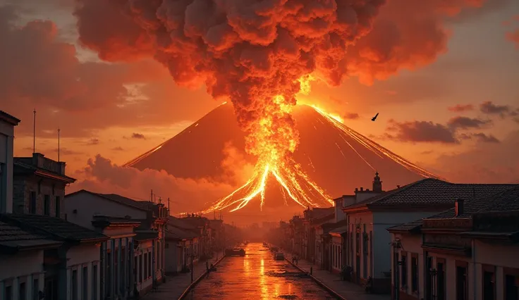 "The Mount Pelée volcano erupts massively, spewing out a fiery cloud of gas and ash that descends rapidly over the city of Saint-Pierre. Colonial architecture buildings are engulfed by fire, while the sky takes on shades of red and gray. In the center of t...