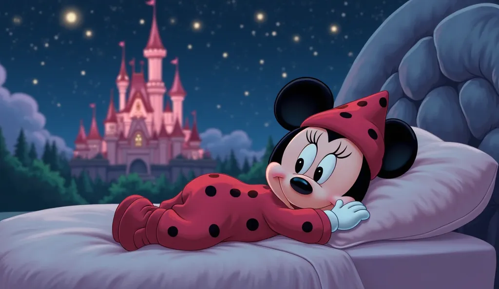 Cartoon of Minie sleeping, dressed in red pajamas with black polka dots and a little cap on the head, lying on a soft and fluffy bed, In the background a dark blue sky with bright stars and a pink Disney castle and clouds