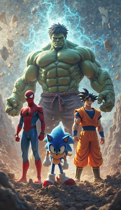 "Multiverse Heroes Unite" – Spider-Man, Hulk, Sonic, and Goku are transported from their worlds to stop a powerful villain. How do they react to meeting each other for the first time?