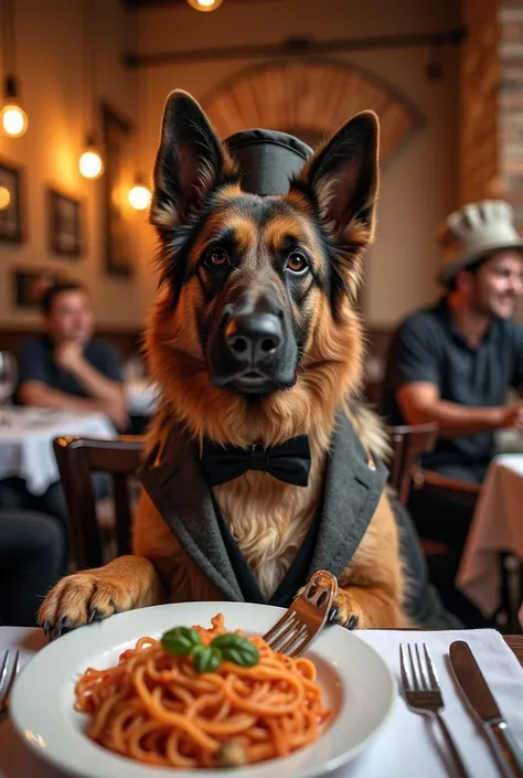 A charming and stylish German shepherd, seated at the table in a cozy Italian restaurant at night. Ele veste um smoking elegante, bow tie and a small chef's hat tilted to the side. The table is set with a linen napkin, silver cutlery and a bottle of red wi...