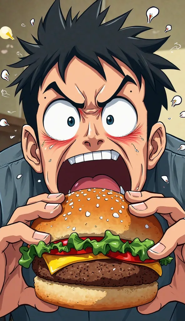 A man eagerly taking a big bite of his burger, only to realize it’s full of wasabi, his face turning red as he screams 'Étôét!', exaggerated expressions, anime-style