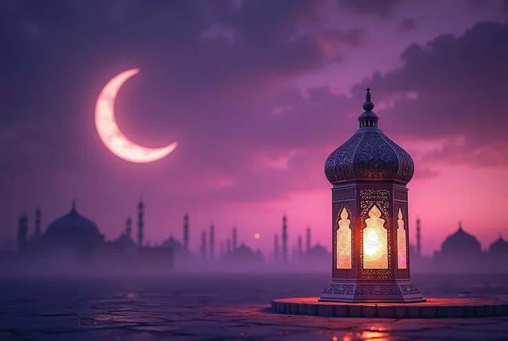 Ramadan , big arabic lantern at the right of the picture and a crescent moon at the left of the picture , purple theme , high quality and details, 8k , saturated purple