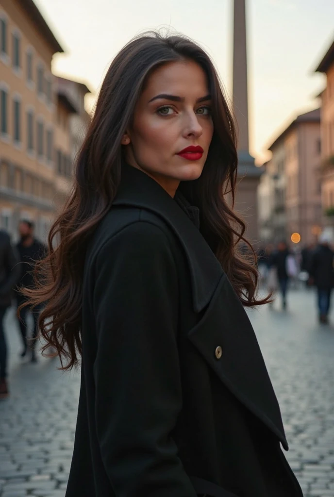 Créez une image captivante et sensuelle d'une femme par une douce matinée de janvier au cœur de Rome,  rendue en superbe 8K Ultra HD et en couleur . Elle est élégamment vêtue d'un trench noir d'hiver chic — peut-être un long, manteau ceinturé avec des bott...