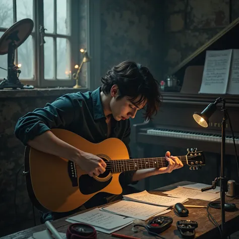 sad guy in a music studio writes lyrics, sad facial expression, keys sitting at, keys on the table sheets of paper, fingers on,  thoughtful look, guitar strings, microphone on a stand,  scattered light, blurred background, post-industrial interior,  Mixed ...