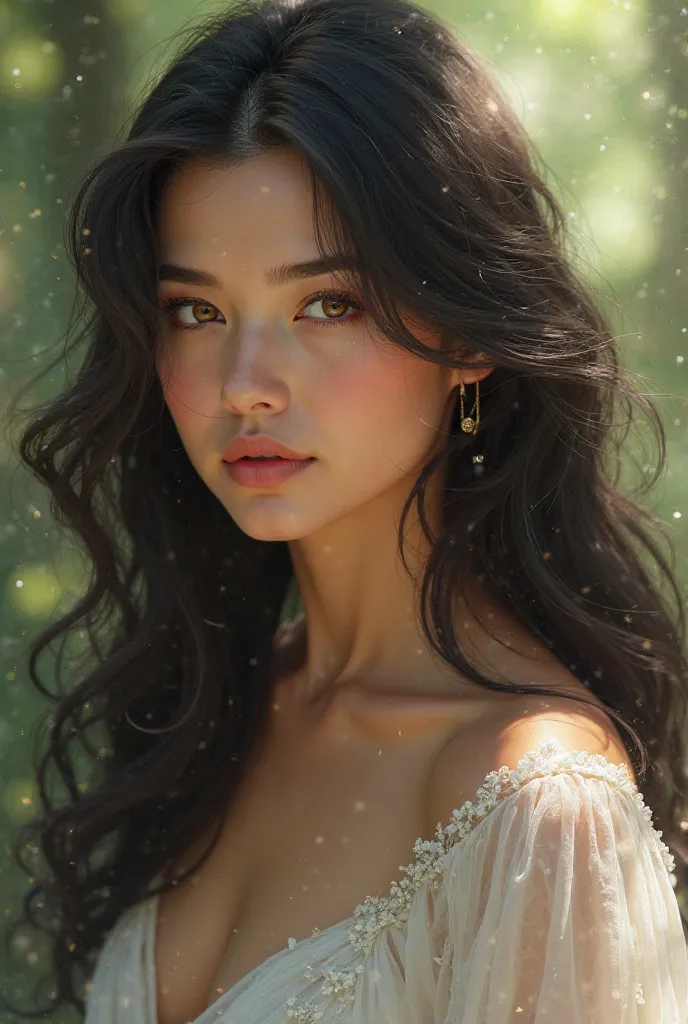 Realistic but beautiful 38-year-old woman with long black hair