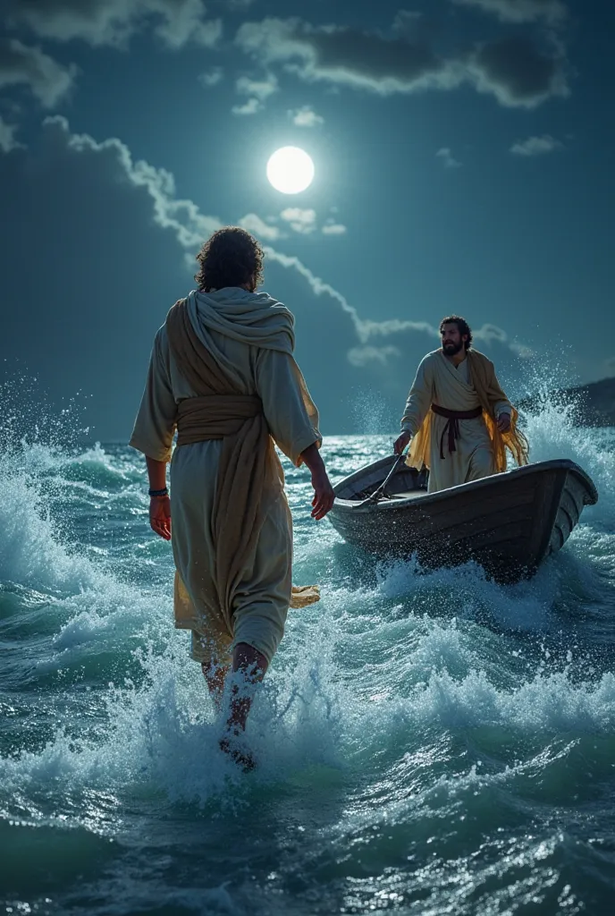 "Peter steps out of the boat, walking hesitantly across the choppy waters of the Sea of ​​Galilee toward Jesus. He is partially illuminated by the moonlight, his eyes fixed on Jesus, who is calmly watching him. The wind blows hard, raising sprays of water ...