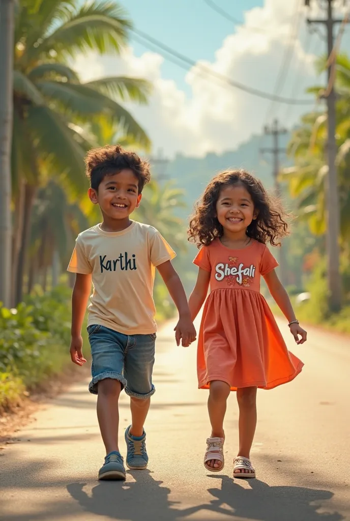 

"A boy wearing a t-shirt with the name 'Karthi' on it and a girl wearing a dress with the name 'Shefali' on it, walking joyfully on a sunny road. They are smiling and enjoying each other's company, with the warm sunlight casting shadows on the ground. Th...