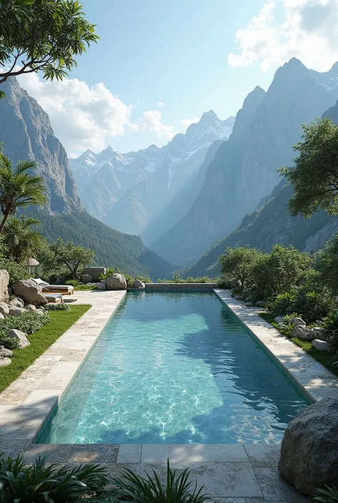 Design a rectangular pool with a view of mountains