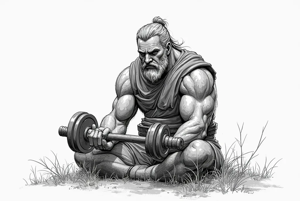 A mature warrior sitting and lifting dumble in his hand novel sketch with white background 