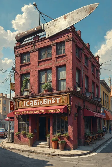 work of art, Realistic,  realism, Best quality male an old burgundy restaurant seen from the outside with a giant knife written on top: Knife's restaurant