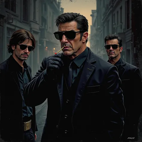 Write a scene where Lieutenant Marion 'Cobra' Cobretti, a tough cop and antihero, confronts a group of dangerous criminals in a dark alley. Cobra is wearing a black suit, dark glasses and chewing on a matchstick,  As usual . He speaks little, but his actio...