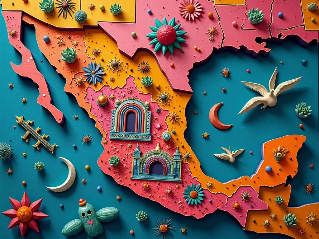 "Design a stylized map of Mexico viewed from a zenith perspective ( from above), offers with a vibrant visual and artistic style that captures the essence of traditional and contemporary Mexican culture. The design must combine iconic decorative elements s...