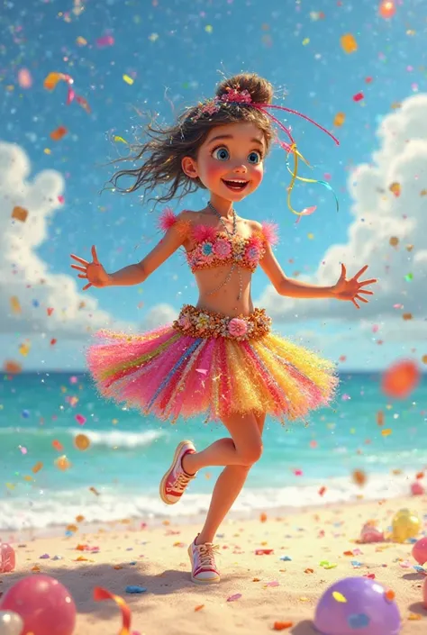 Create an image of a girl with the background of a beach, celebrating Carnival with Disney Pixar glitter decorations